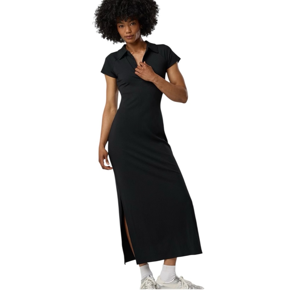 NewMe Ribbed Fitted Short Sleeve Button V-neck Long Maxi Bodycon Dress Black